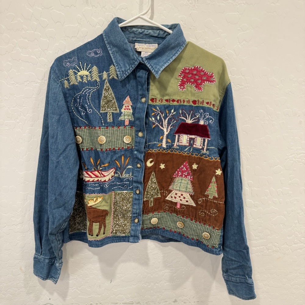 Vintage Casey Coleman Embroidered Top Womens M/L Patchwork Seasons Cabincore